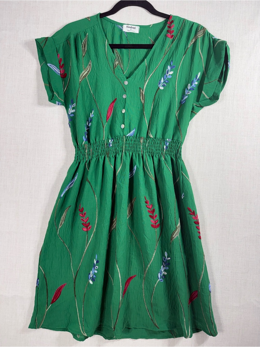 Green Floral Mini Dress with Shirred Waist embroidered